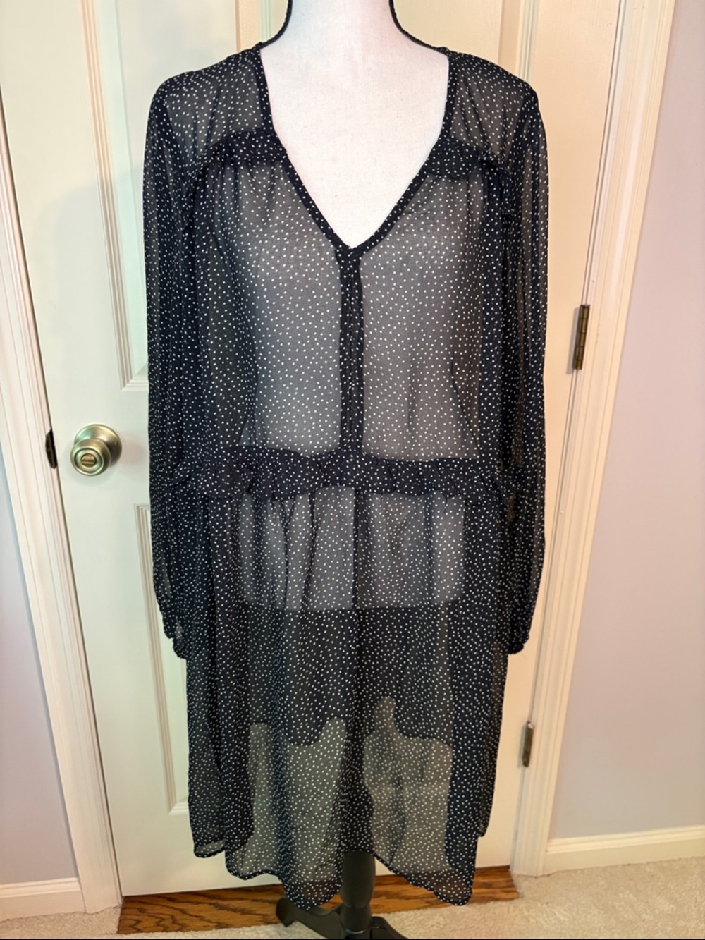 H&M Y2K Black Sheer Midi Dress with White Polka Dots Size 10